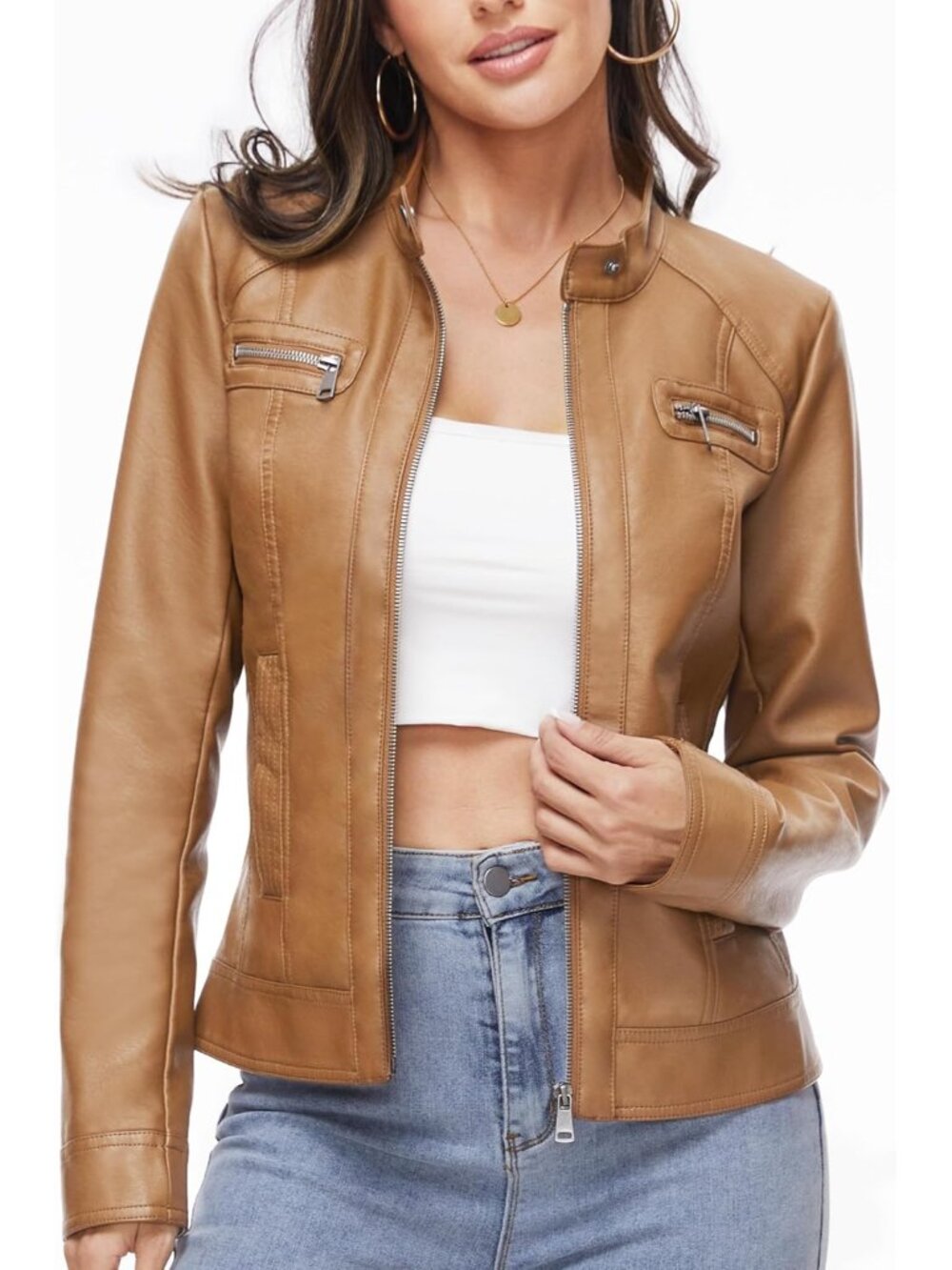 Women's Camel Zip Leather Jackets Motorcycle Stylish Moto Biker Outwear Coat